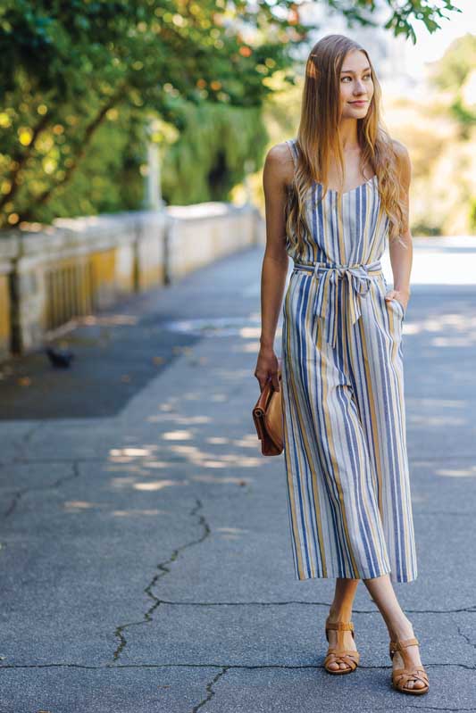 PP-14835 - Striped Cotton Jumpsuit with Pockets and Tie Belt